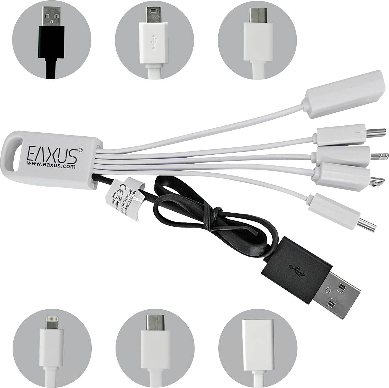Eaxus Bable de charge USB 2.0 5 en 1 avec mini, fiche micro USB, type C, 8 broches, coupleur Câble de charge