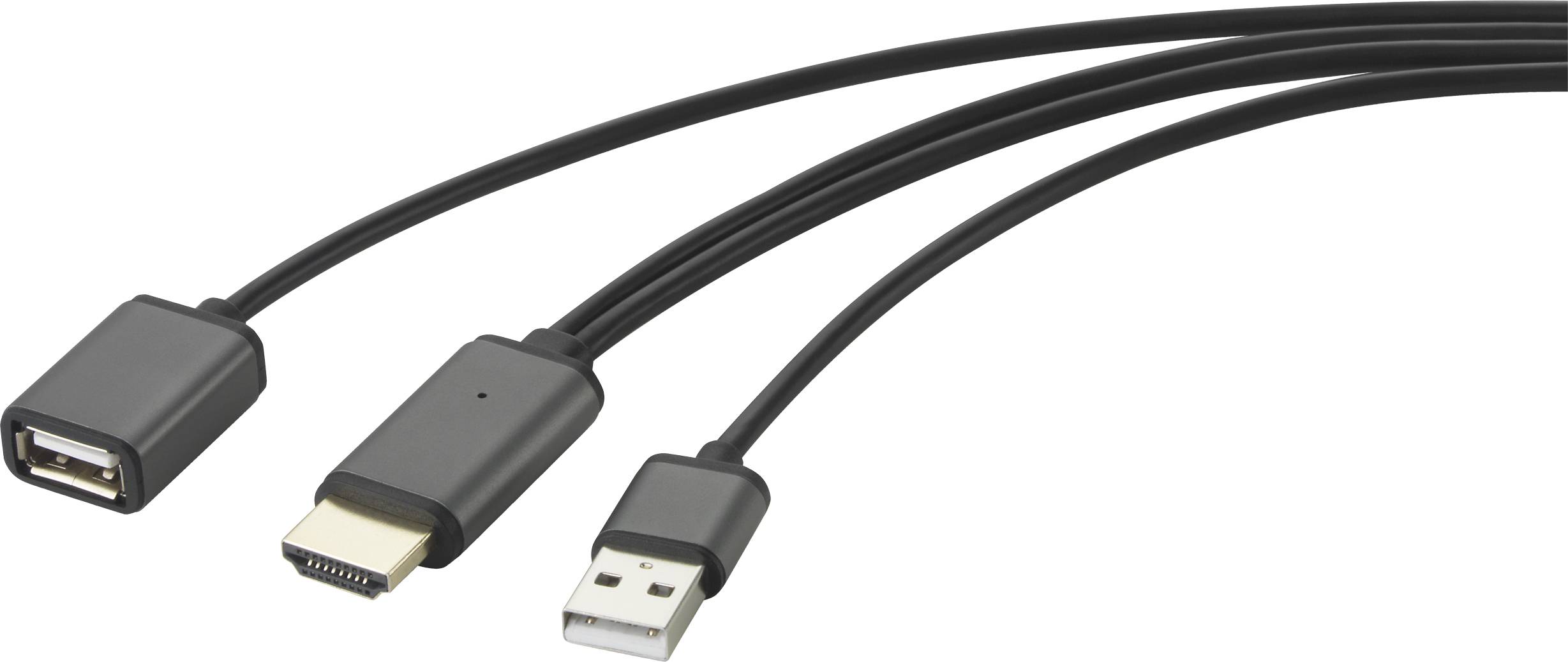 Trois connexions de câbles : HDMI, USB-A et Micro-USB.