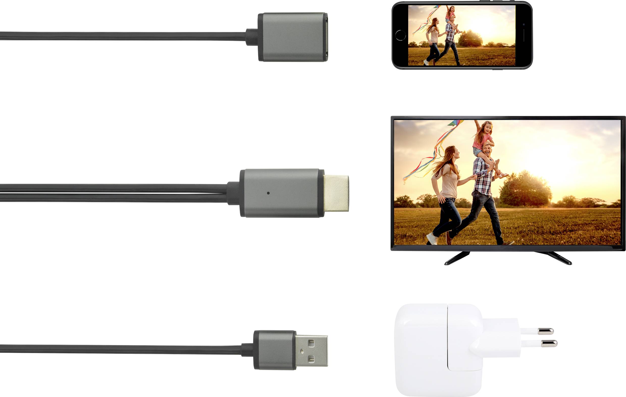 Smartphone et TV connectés via un adaptateur HDMI et un chargeur USB, affichant une image de deux personnes avec des dragons dans un paysage.