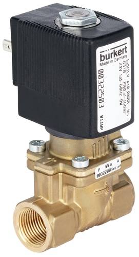 'Électrovanne Bürkert, modèle 332250, boîtier en laiton, contrôle les fluides. Inscription 'burkert' et spécifications techniques sur le dessus.'