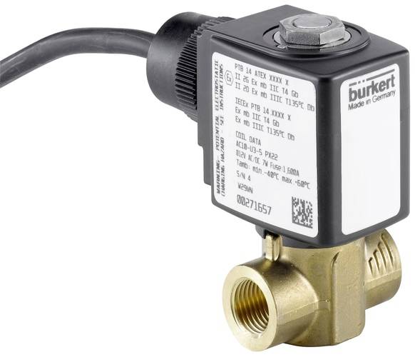 Une vanne électromagnétique Bürkert avec une étiquette 'Made in Germany' et des spécifications techniques sur l'étiquette.