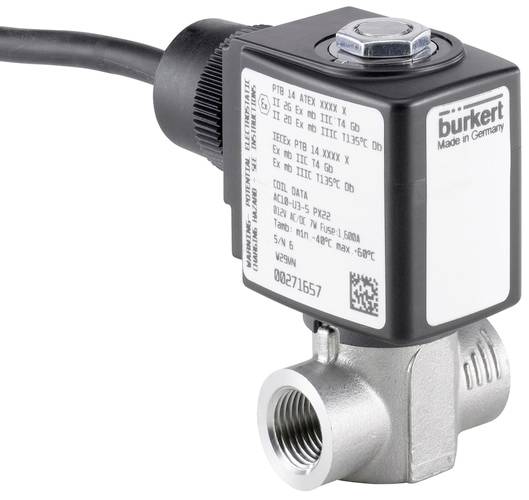 Vanne électromagnétique Bürkert, montage latéral, avec boîtier noir. Indication de marquage ATEX pour environnements présentant des risques d'explosion.