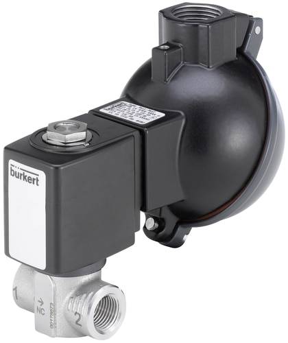 Une vanne Bürkert noire avec des raccords métalliques et un boîtier électrique rectangulaire.