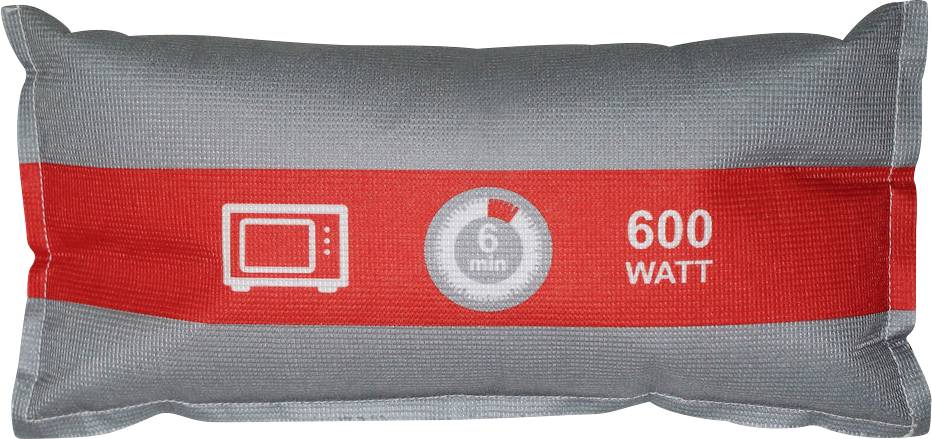 Coussin gris avec une bande rouge indique les symboles pour 6 minutes au micro-ondes à 600 watts.