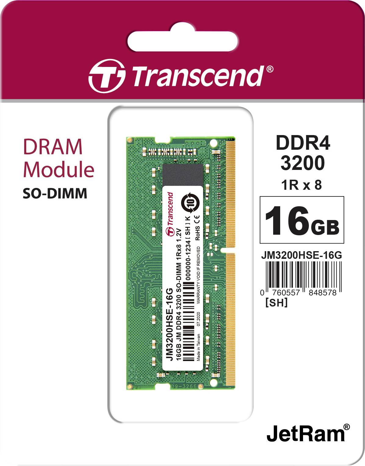 Transcend JetRAM Module mémoire pour PC portable DDR4 16 GB 1 x 16 GB 3200 MHz SO-DIMM 260 broches JM3200HSE-16G
