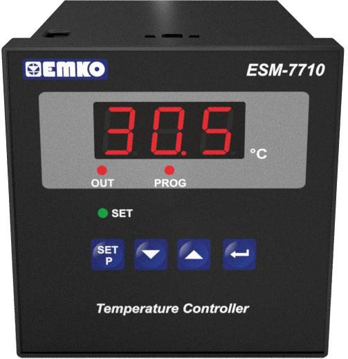 Régulateur de température numérique affichant '30,5°C'. Éléments de commande pour les réglages et la programmation en dessous. Appareil de la marque Emko.
