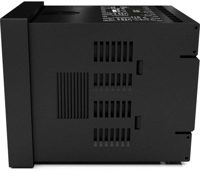 Un boîtier électronique noir avec des fentes de ventilation et des éléments de commande sur le dessus. Adapté aux applications industrielles.