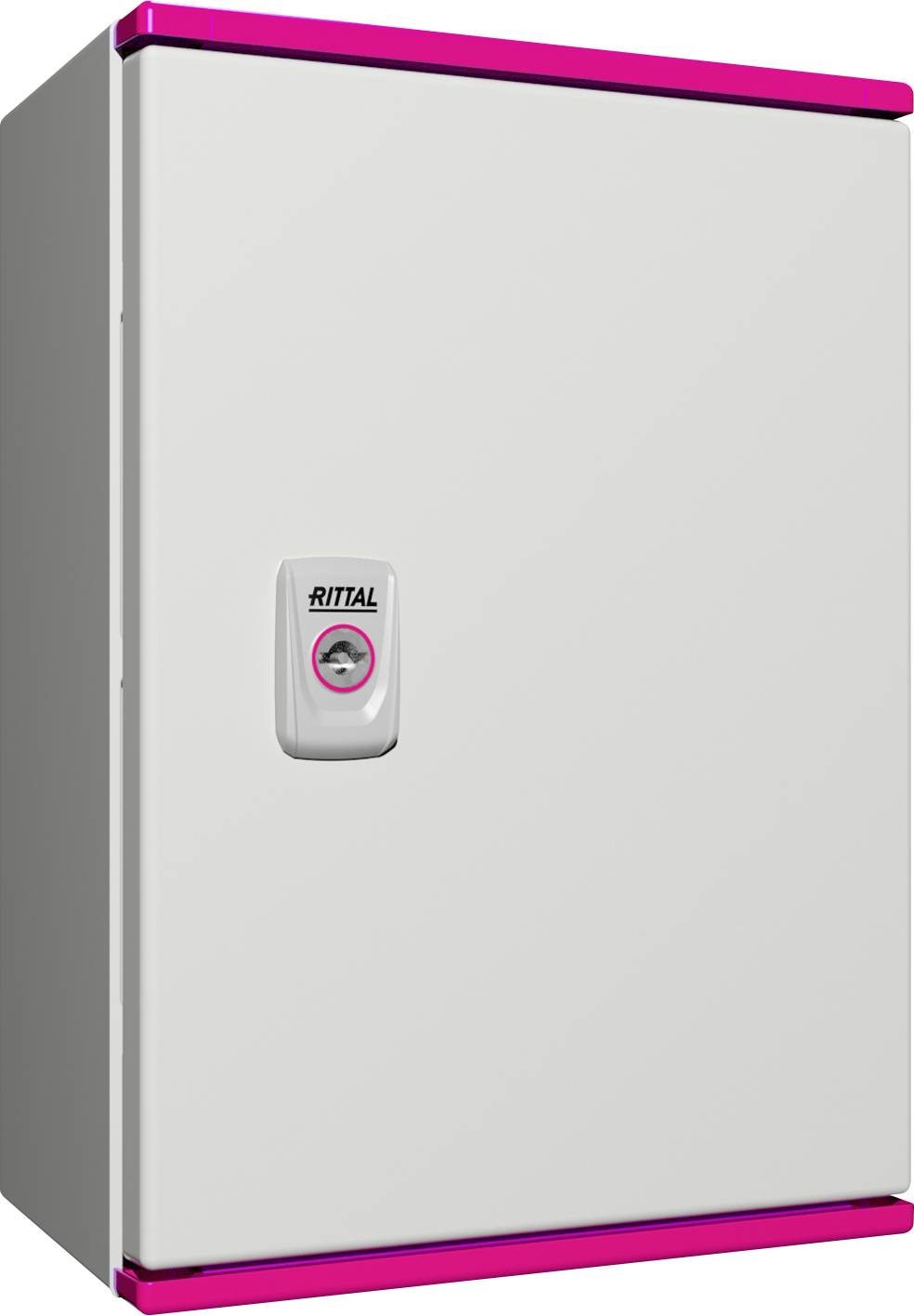 Armoire électrique avec serrure et logo 'Rittal' bien visible sur la façade, principalement grise et rose.