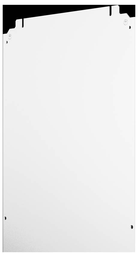 Un panneau rectangulaire vide en métal blanc, avec quatre trous de vis aux coins, sur un fond noir.