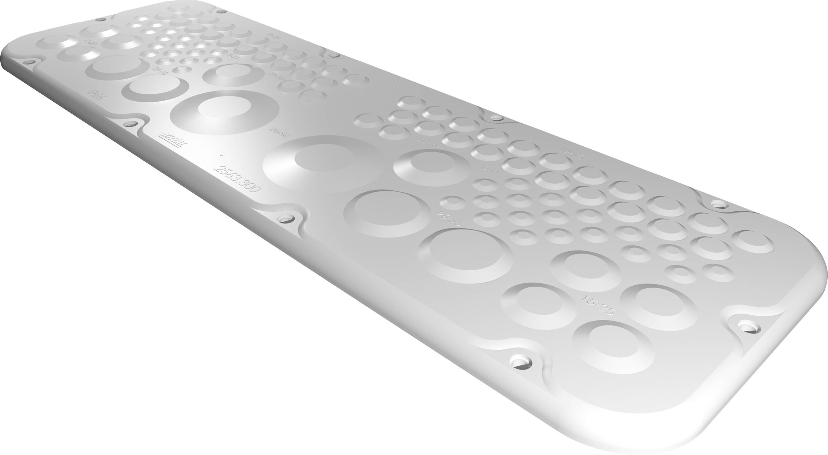 Une plaque métallique argentée comportant de nombreux cercles tactiles de différentes tailles, probablement un élément d'orientation tactile.