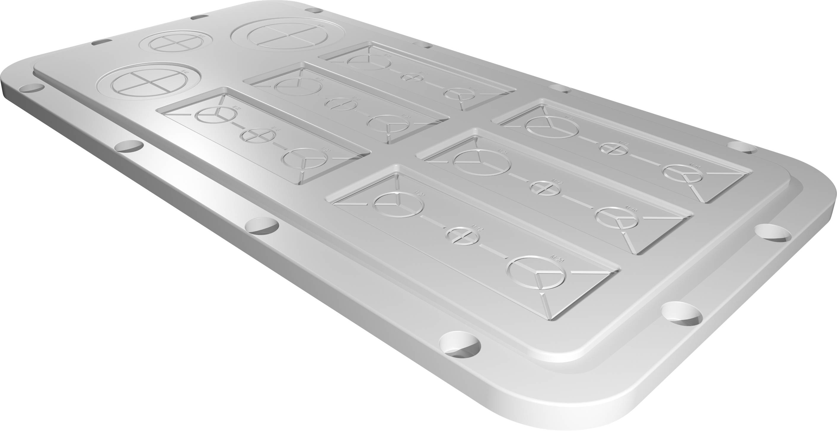 Plaque rectangulaire en métal gris avec des gravures géométriques, comprenant des cercles et des lignes. La plaque présente des angles arrondis et des trous de perçage.