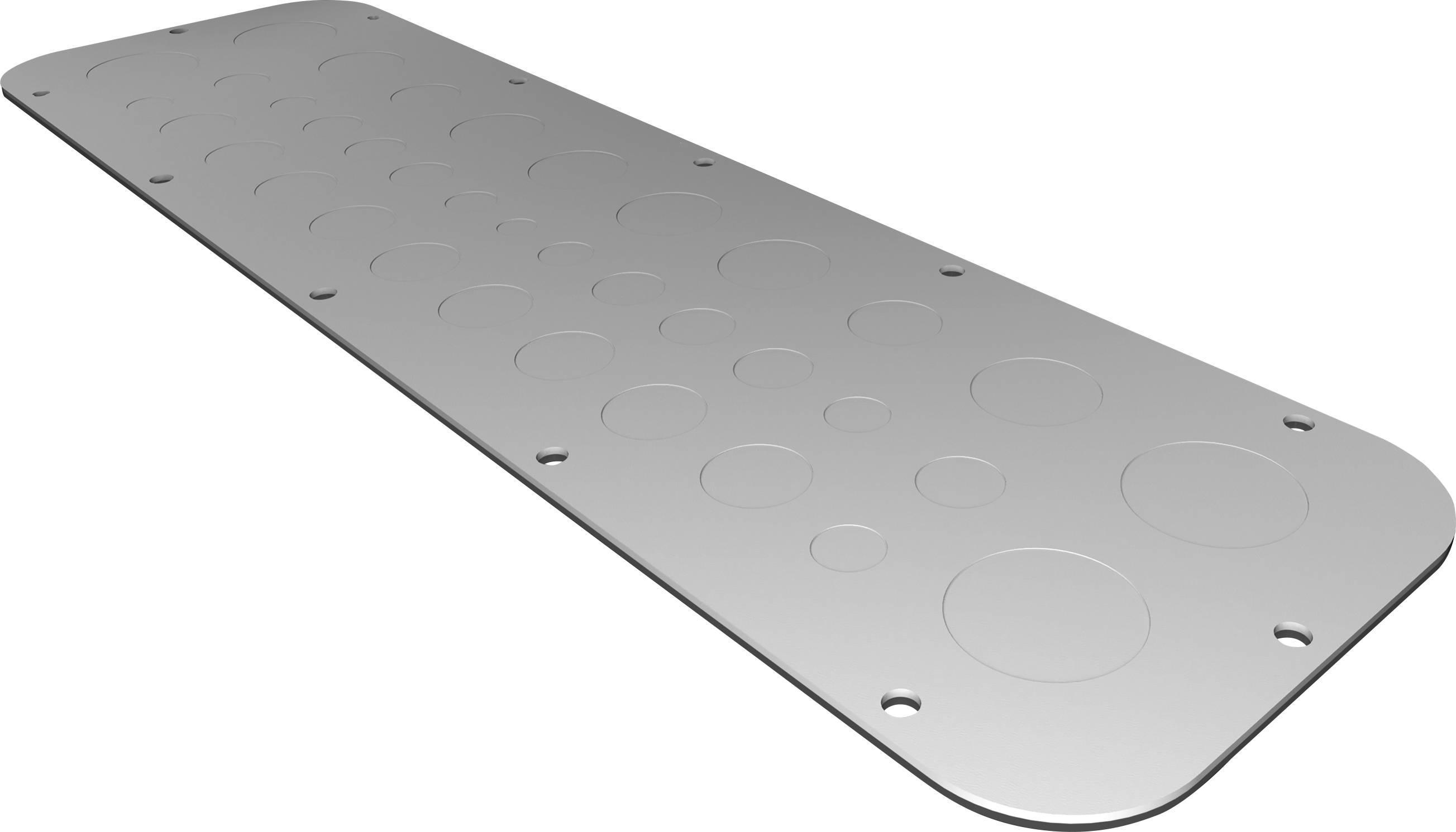 Plaque métallique avec des reliefs circulaires, répartis uniformément, probablement un système de guidage tactile au sol destiné à favoriser l'accessibilité.
