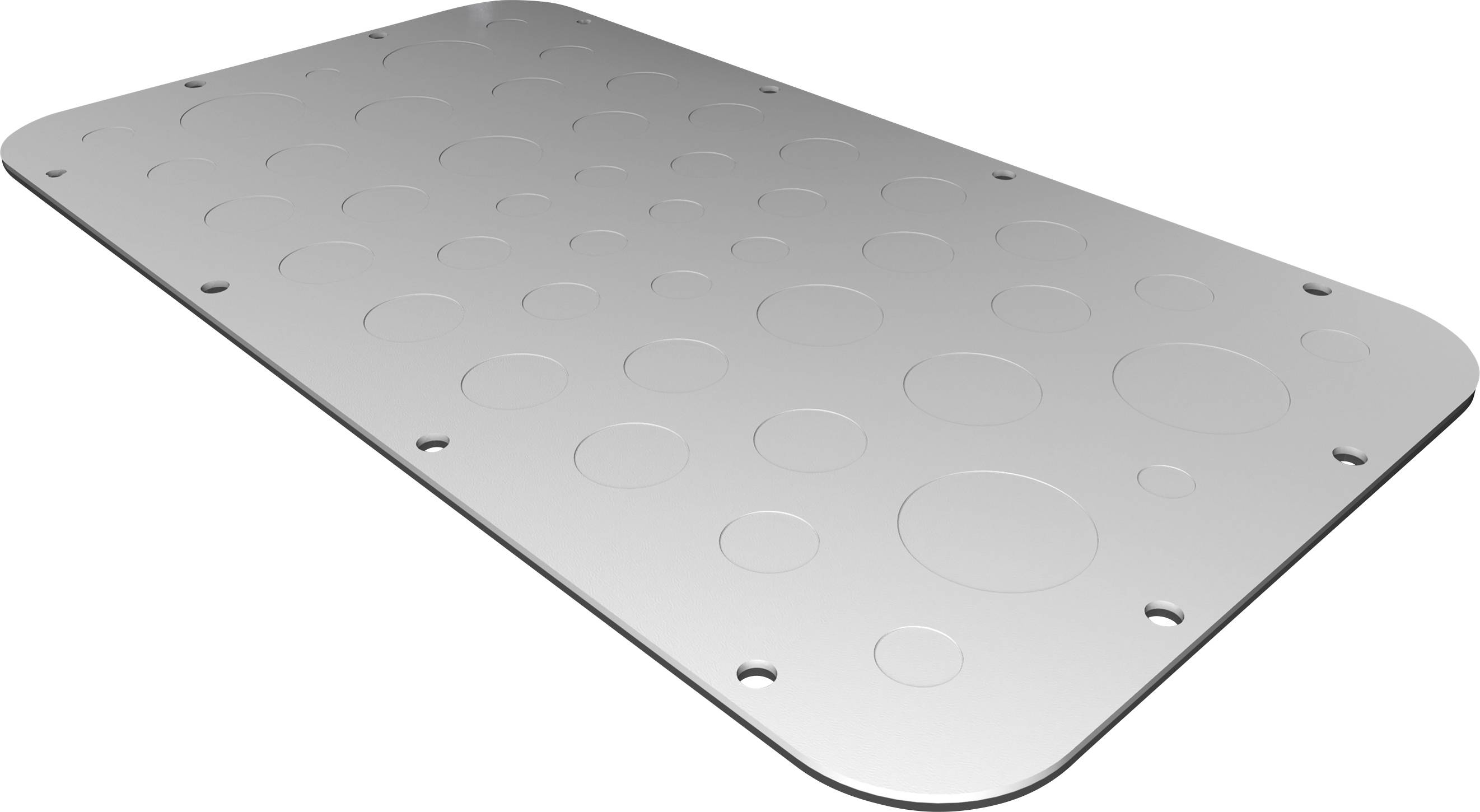 Plaque métallique avec des empreintes circulaires et des coins arrondis, probablement un composant d'un appareil industriel ou technique.