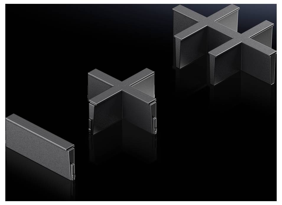 Trois pièces métalliques noires en forme de X sur un fond noir, qui semblent probablement servir d'éléments de connexion.