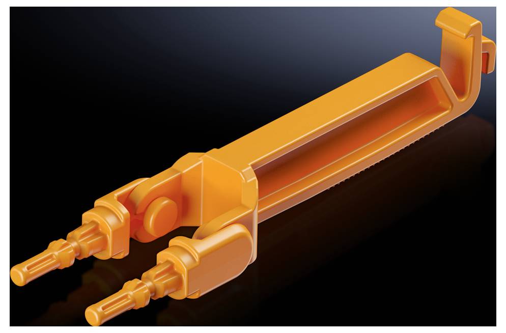 Clé dynamométrique orange en plastique avec deux embouts, sur un fond noir, utilisée pour l'assemblage ou le démontage de composants spécifiques.