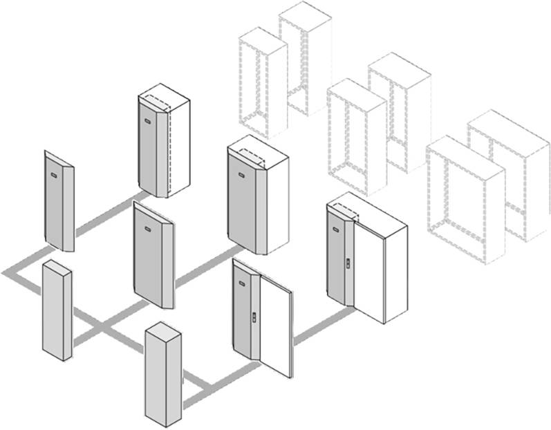 Illustration de plusieurs armoires électriques dans une structure réseau, montrant les lignes de connexion entre les armoires.