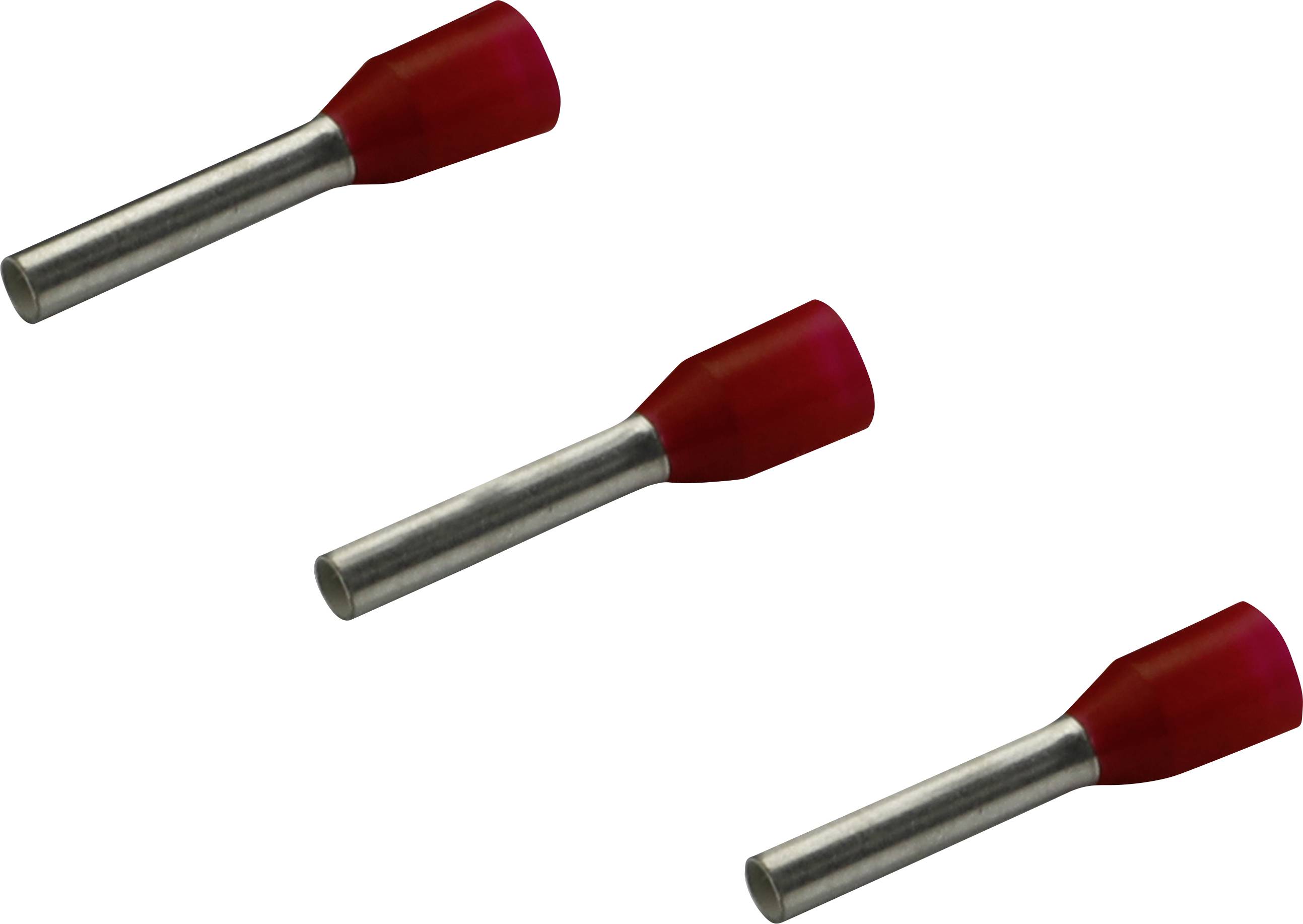 Trois embouts de câble rouge en métal et en plastique, disposés en diagonale dans l'image, à intervalles réguliers.