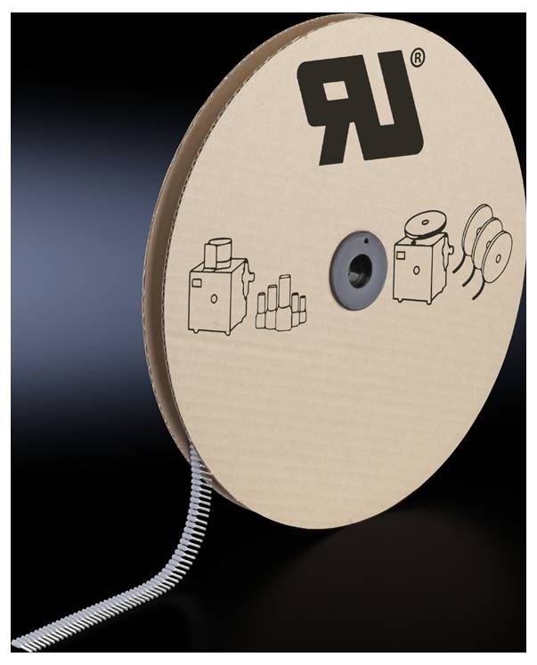Une grande bobine ronde en carton avec des symboles de machines et de produits empilés imprimés dessus. Un câble s'en échappe.