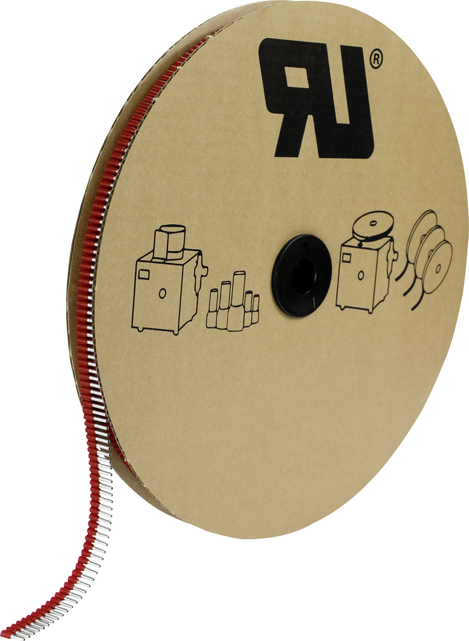 Disque en carton avec un ruban enroulé. Des symboles représentent des machines de traitement. Logo de l'entreprise en haut à droite.