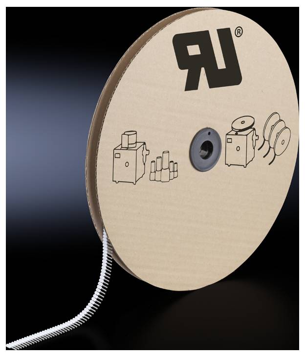 Bobine en carton avec bande métallique, logo en haut. Dessins de machines et de rouleaux sur le côté gauche de la bobine.