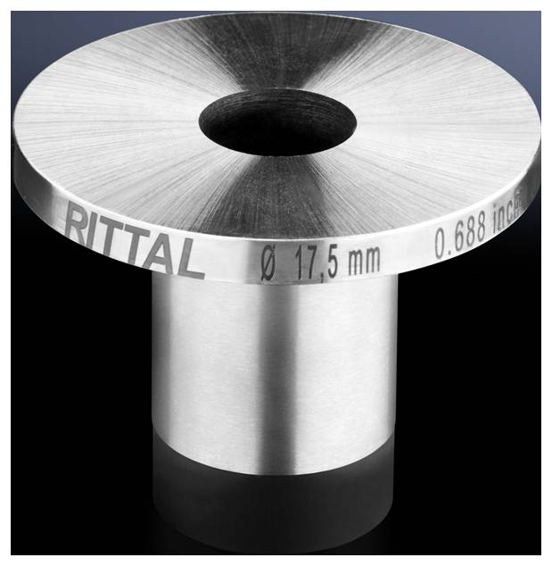 Pied métallique cylindrique argenté portant l'inscription 'Rittal'. Diamètre : 17,5 mm. La partie supérieure arrondie réfléchit la lumière.