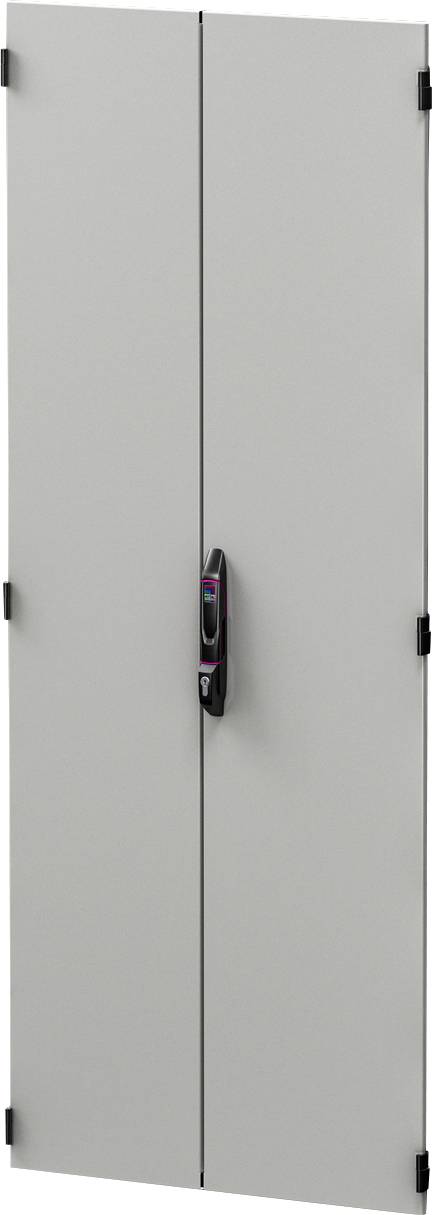 Porte double grise avec une poignée centrale. La porte comporte six charnières, trois de chaque côté.