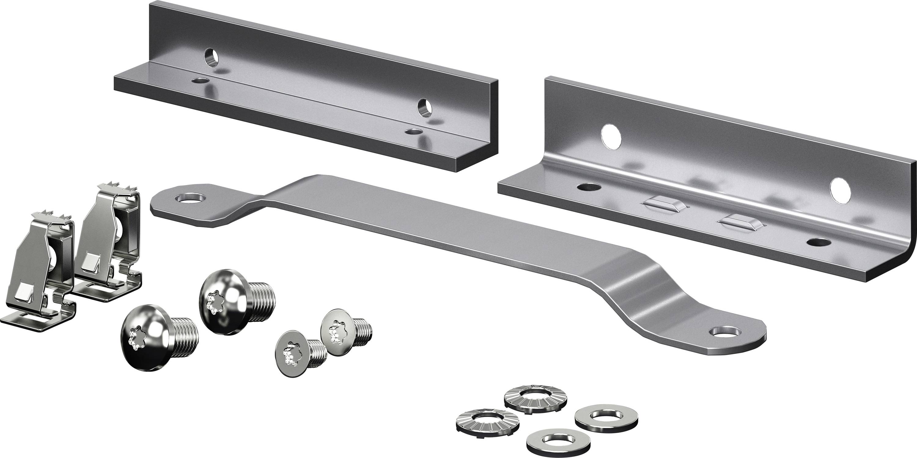 Ensemble de montage avec supports, vis, écrous et attaches pour connexions métalliques. Idéal pour les fixations structurelles.