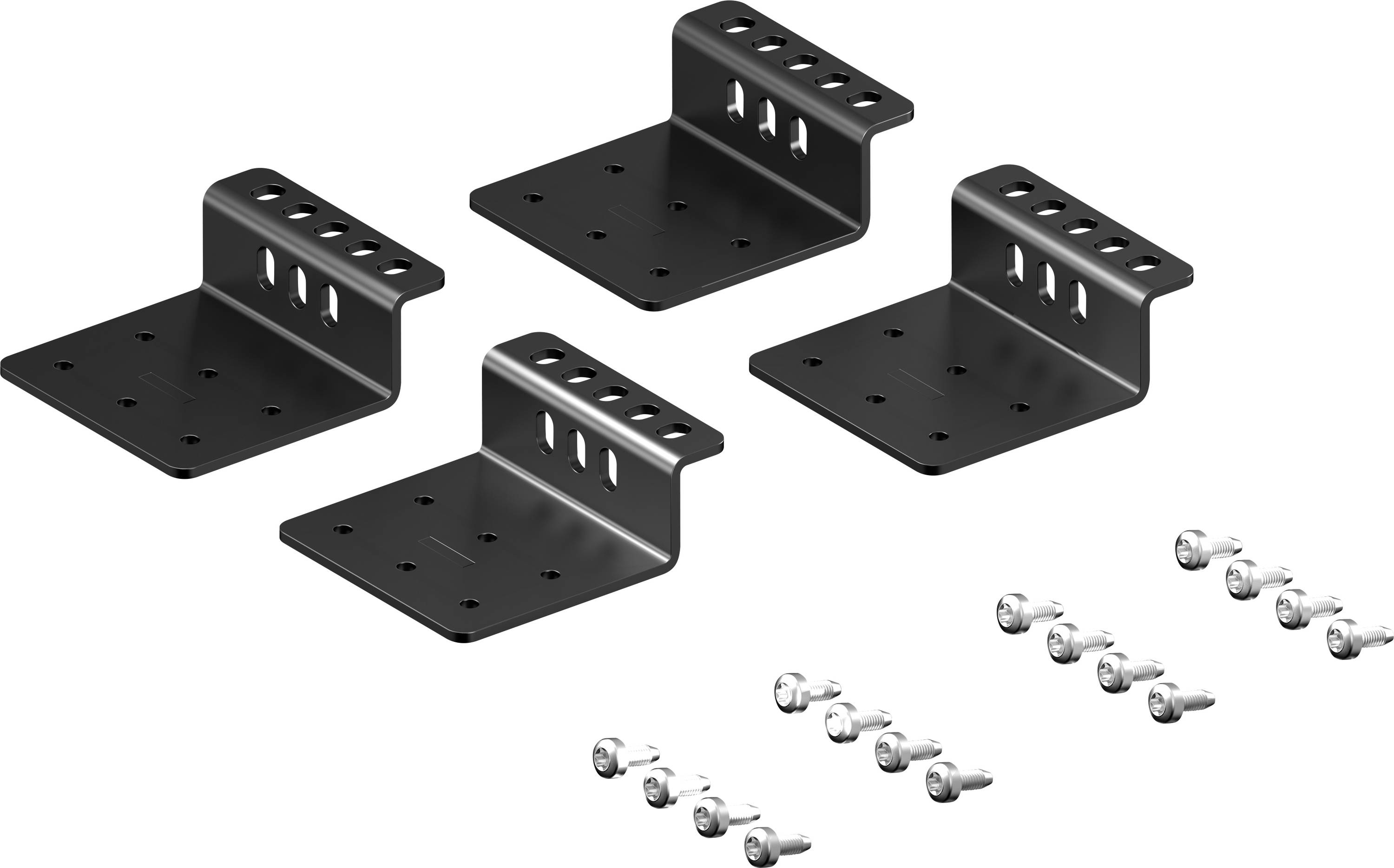 Quatre équerres métalliques noires de forme L, percées de plusieurs trous pour la fixation, accompagnées de vis et d'écrous pour l'assemblage.