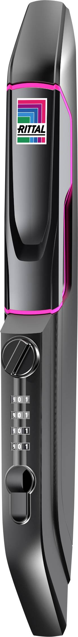 Un rasoir électrique noir avec des touches roses, un logo de marque sur le dessus, des commandes latérales et une molette de réglage.