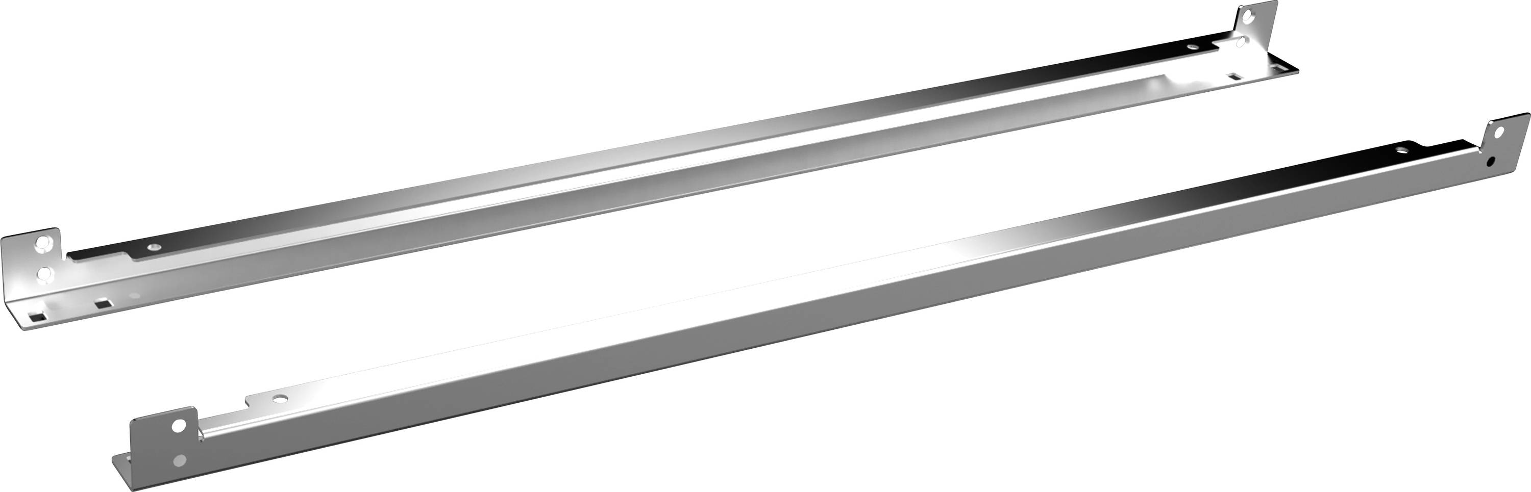 Deux longues et étroites bandes métalliques percées de trous, probablement destinées à des fins de montage, sont disposées parallèlement sur un fond blanc.