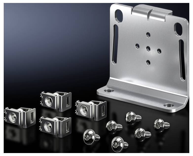 Un ensemble de supports métalliques comprenant quatre attaches et huit vis, sur un fond noir.