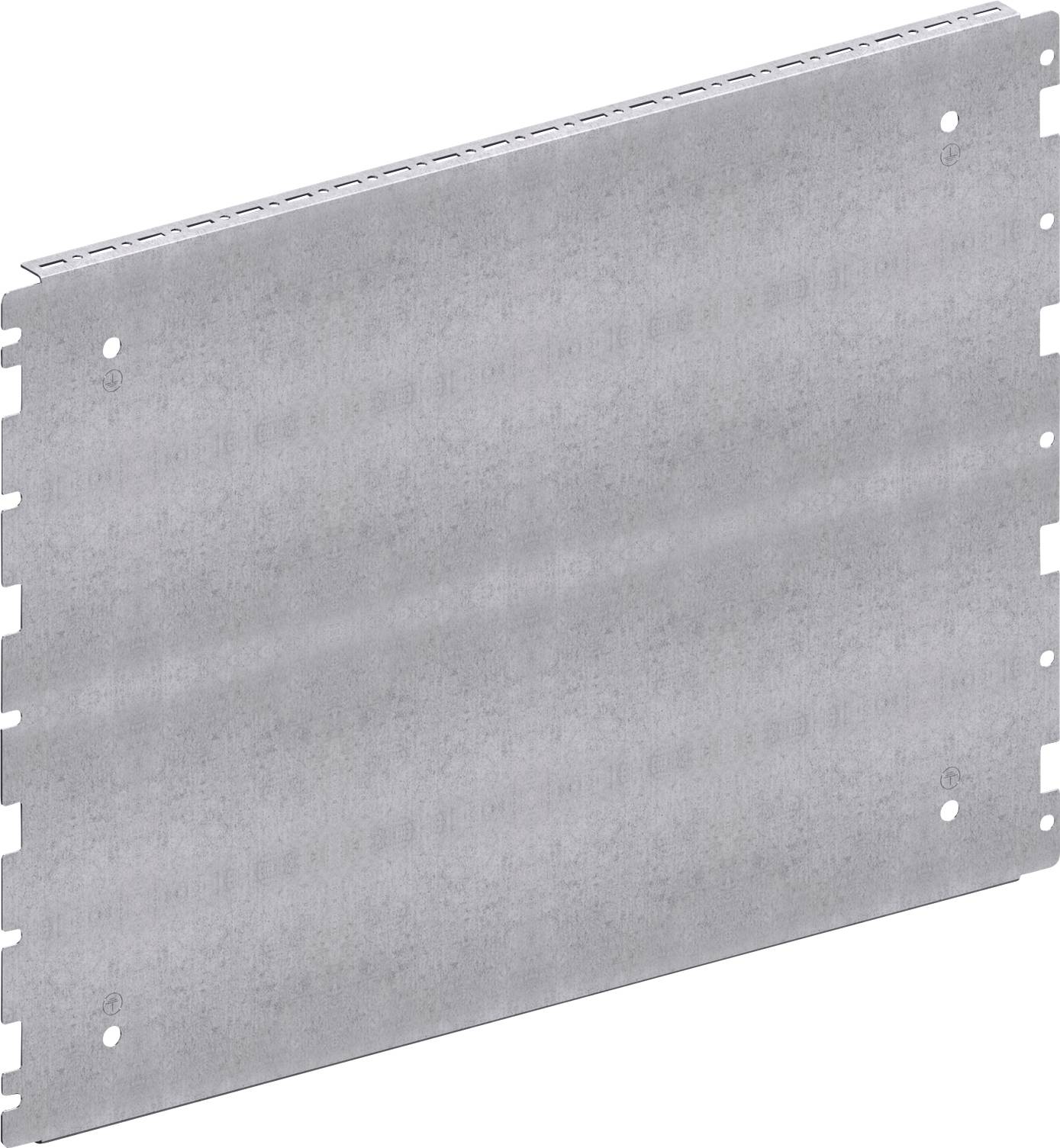 Élément de plaque métallique de forme rectangulaire avec des bords perforés, probablement adapté à des applications industrielles ou artisanales.