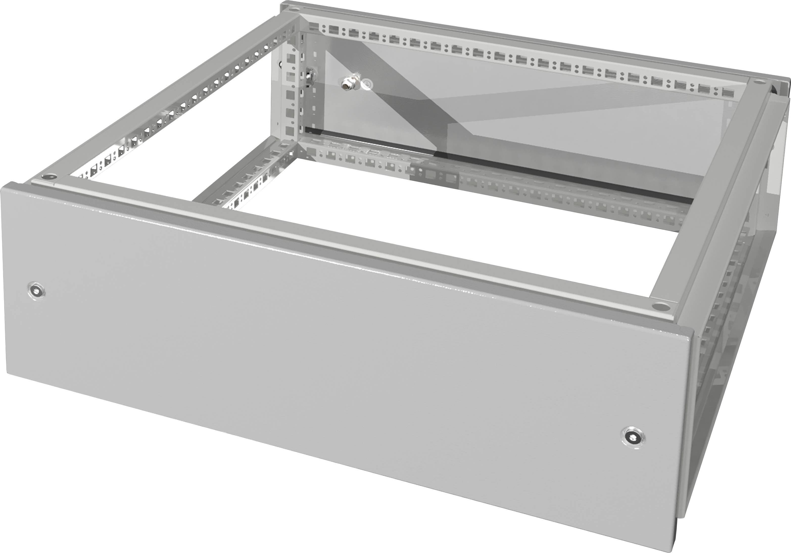 Un cadre rectangulaire gris en métal, probablement un kit de tiroir de rack, partiellement assemblé avec des fentes et des trous de vis visibles.