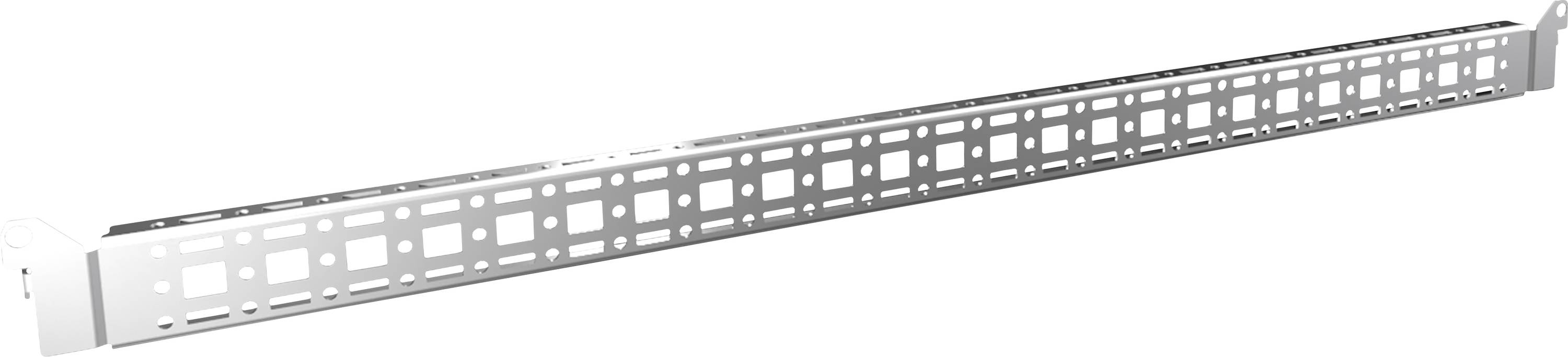 Rail métallique avec des évidements rectangulaires le long de toute sa longueur, flanqué d'extrémités biseautées. Utilisé pour la fixation.