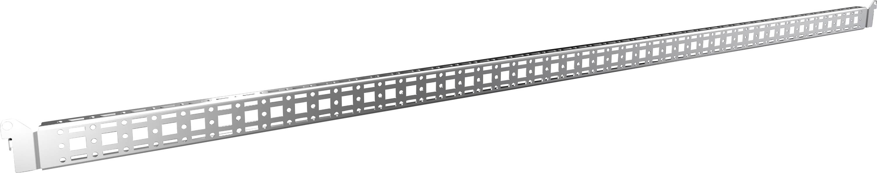 Une longue poutre métallique argentée avec des découpes rectangulaires, probablement destinée à des usages de construction ou de montage.