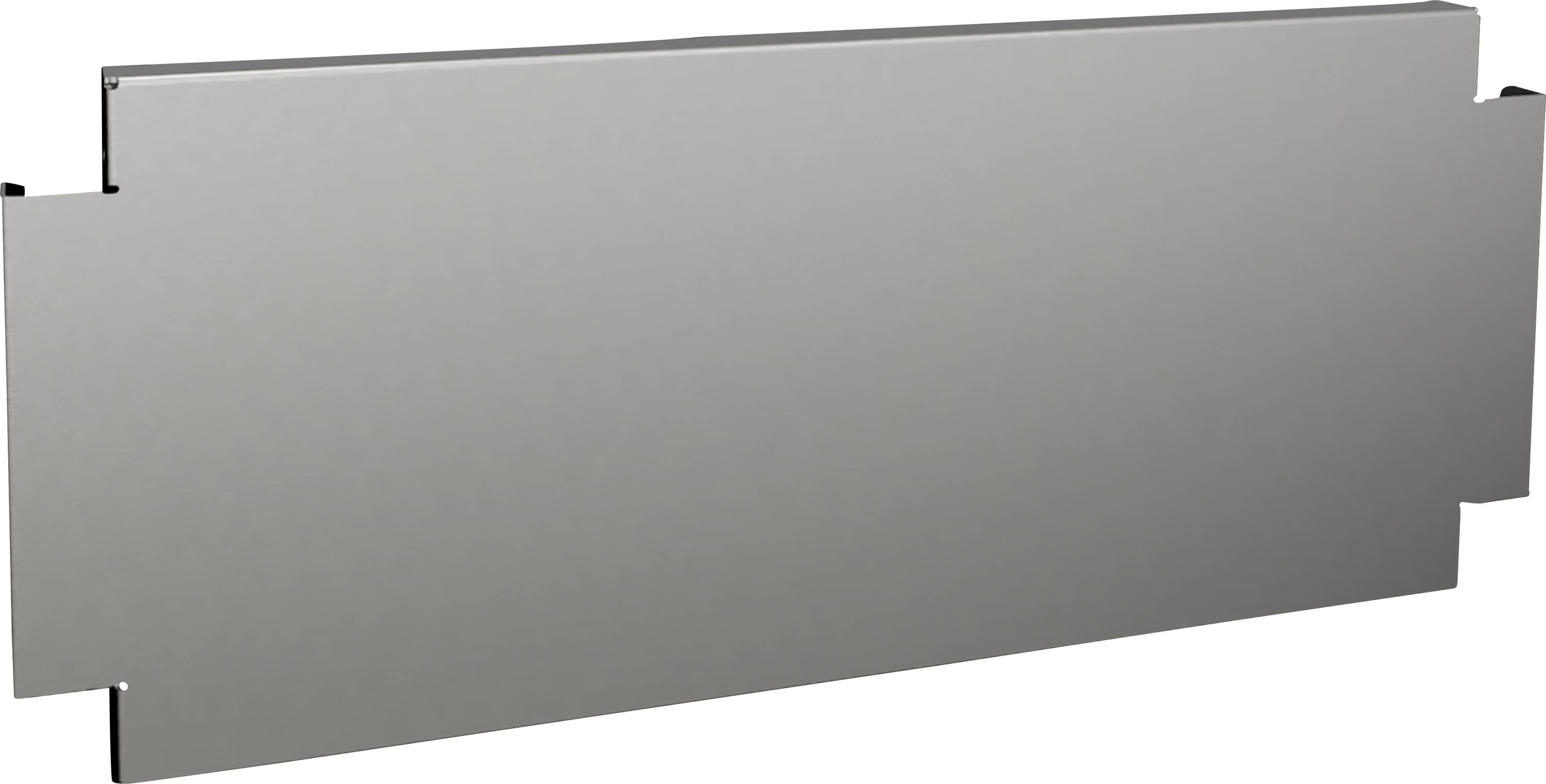 Une pièce rectangulaire en métal argenté avec des bords saillants sur chaque côté, probablement partie intégrante d'un système mécanique plus large.