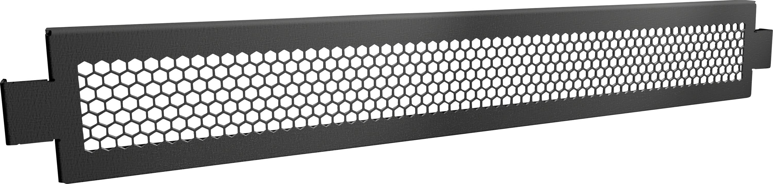 Plaque de grille de ventilation noire à motif hexagonal, destinée au refroidissement et à la protection des appareils électroniques dans un boîtier.