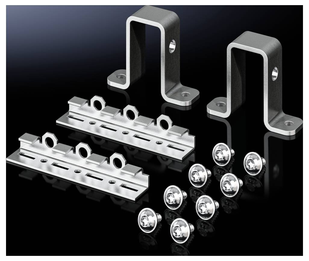 Deux supports métalliques avec des vis et des rails, disposés symétriquement sur un fond noir, destinés à des fins de montage.