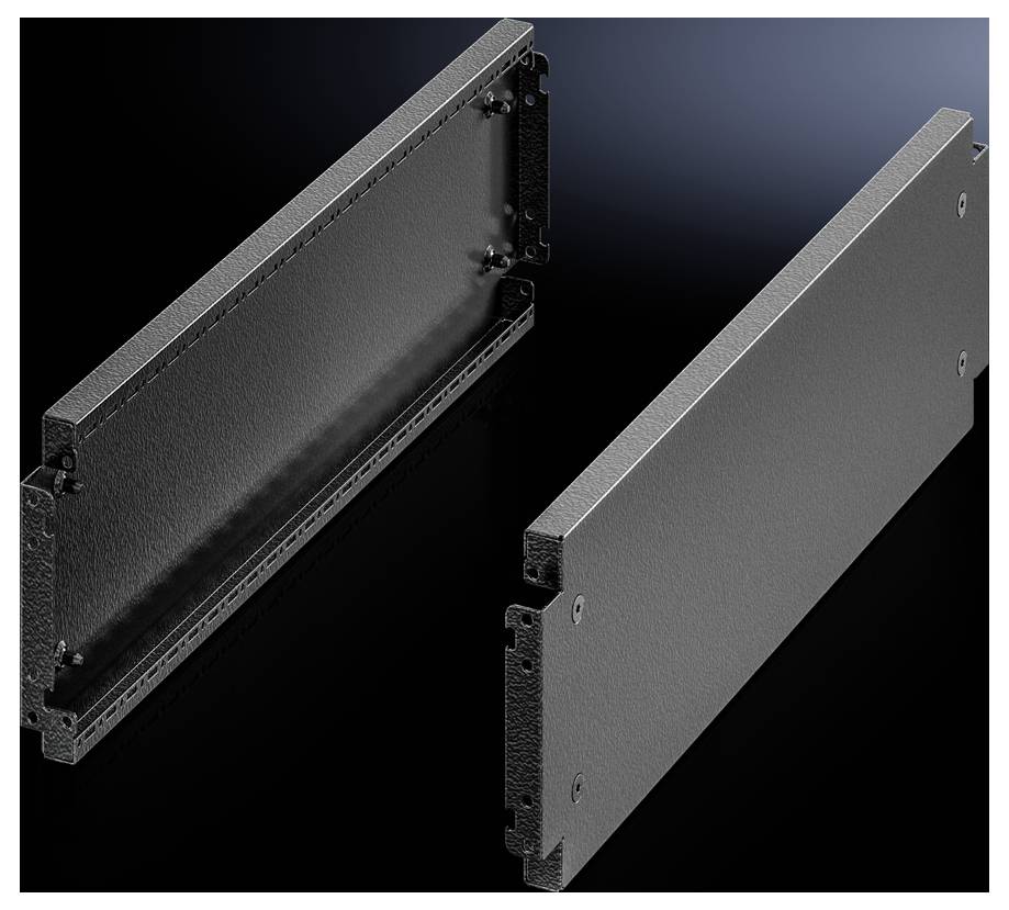 Deux plaques métalliques noires avec des trous de vis sur les côtés sur un fond sombre, probablement destinées à des fins de montage.