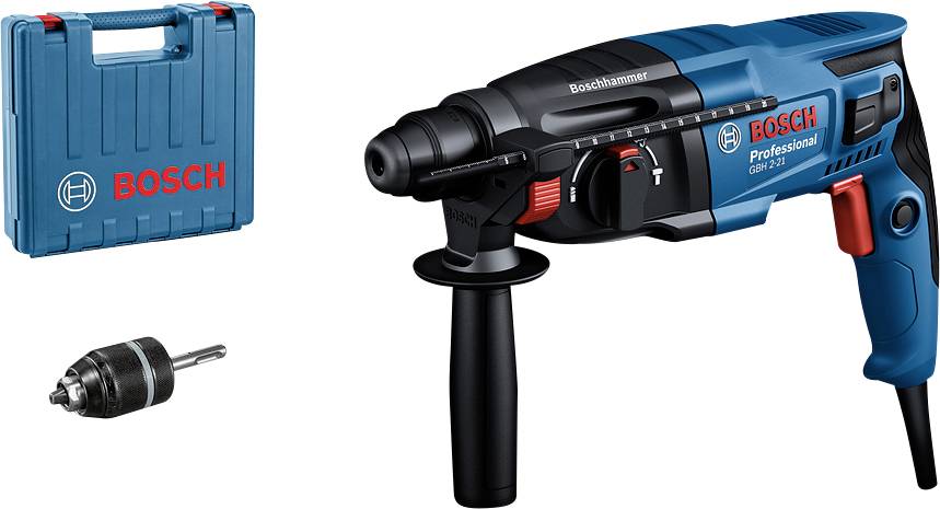 Perceuse 'Bosch Professional GBH 2-21' livrée avec mallette et adaptateur de mandrin supplémentaire, adaptée à divers travaux de construction.