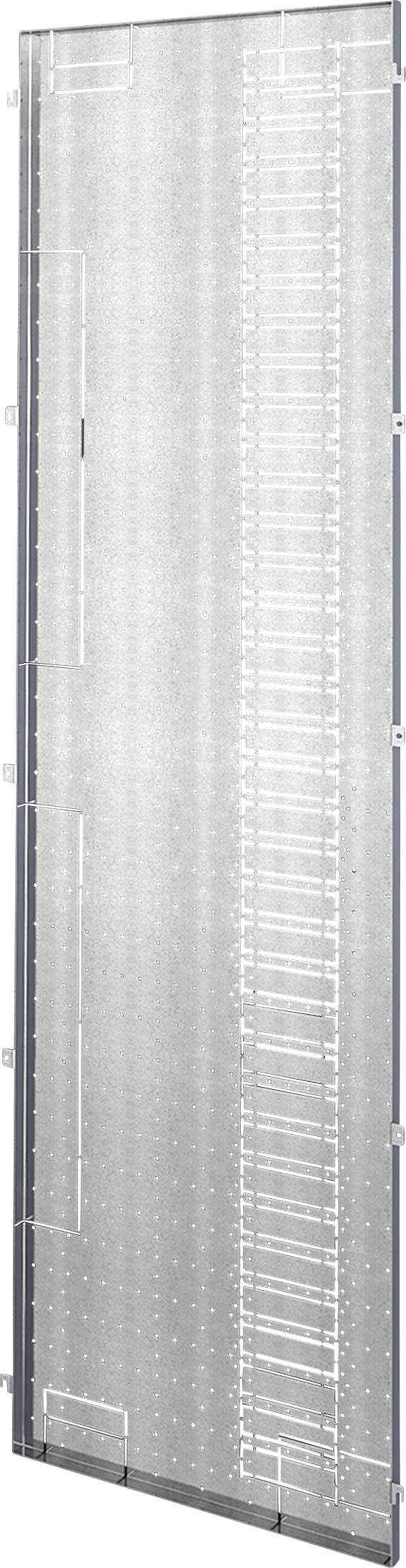 Une grille métallique haute et rectangulaire avec des traverses horizontales et verticales régulières ; pouvant servir de cloison de séparation ou de panneau arrière d'étagère.