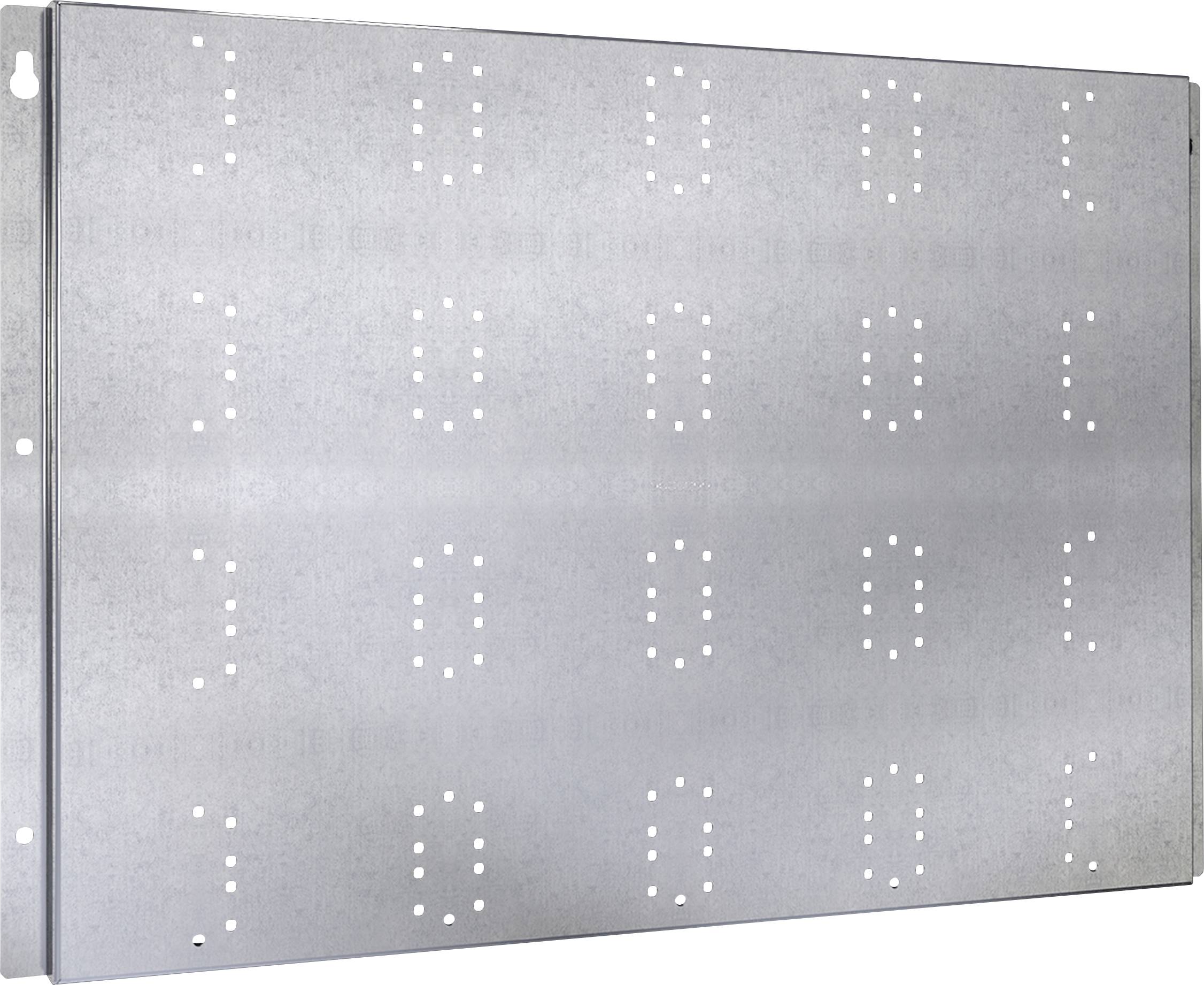 Plaque métallique avec un motif de grille rectangulaire de trous poinçonnés, à droite un profilé en L plat.