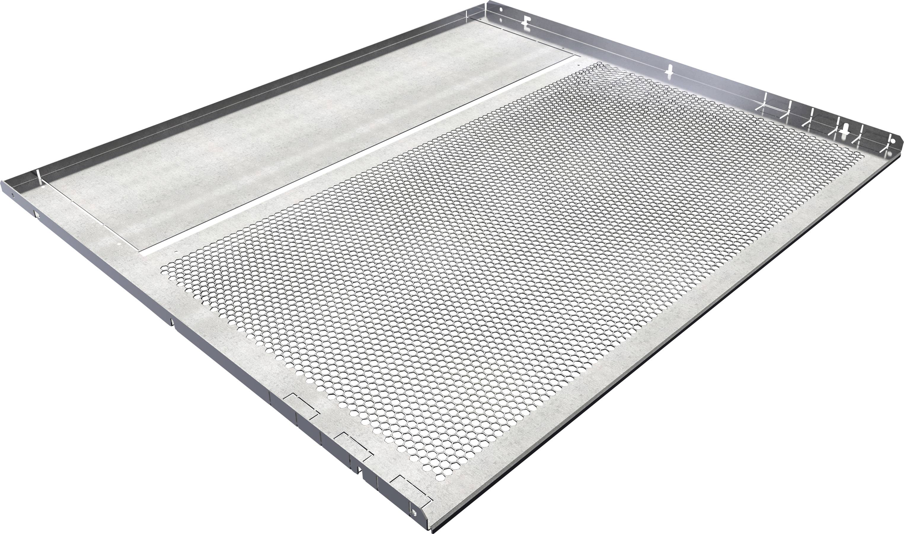 Tamis en métal, rectangulaire, à maille fine, entouré d'un cadre robuste.