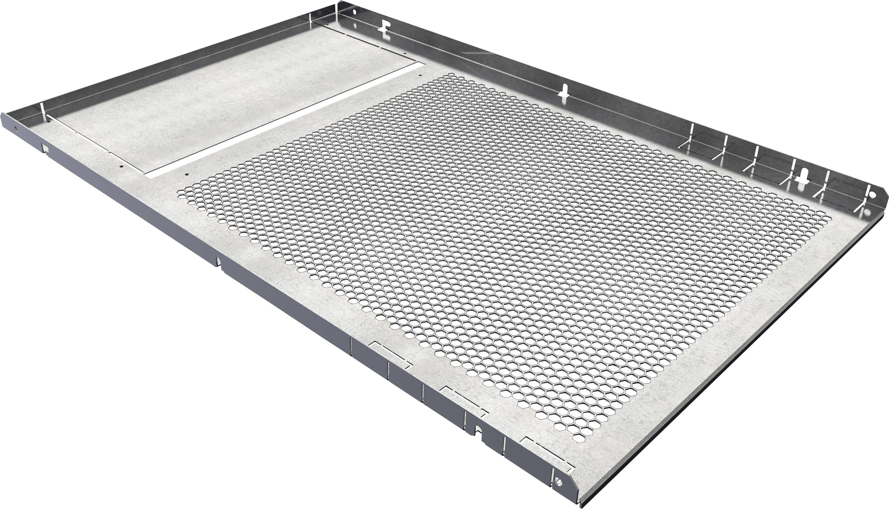 Plaque de grille métallique avec cadre rectangulaire, comprenant également une section rectangulaire intégrée, principalement utilisée dans les industries de la ventilation ou de la construction.