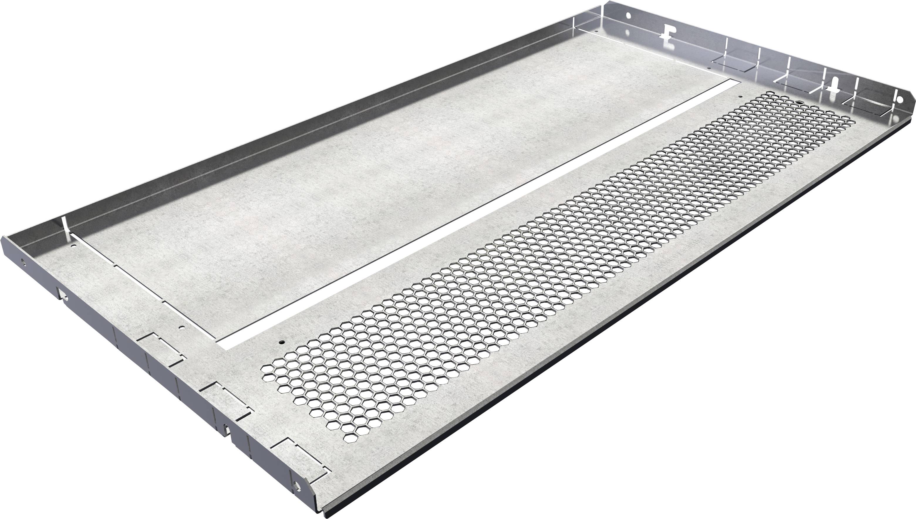 Plateau métallique avec section perforée et bord surélevé, pouvant servir de couvercle ou de composant d'un système de ventilation.