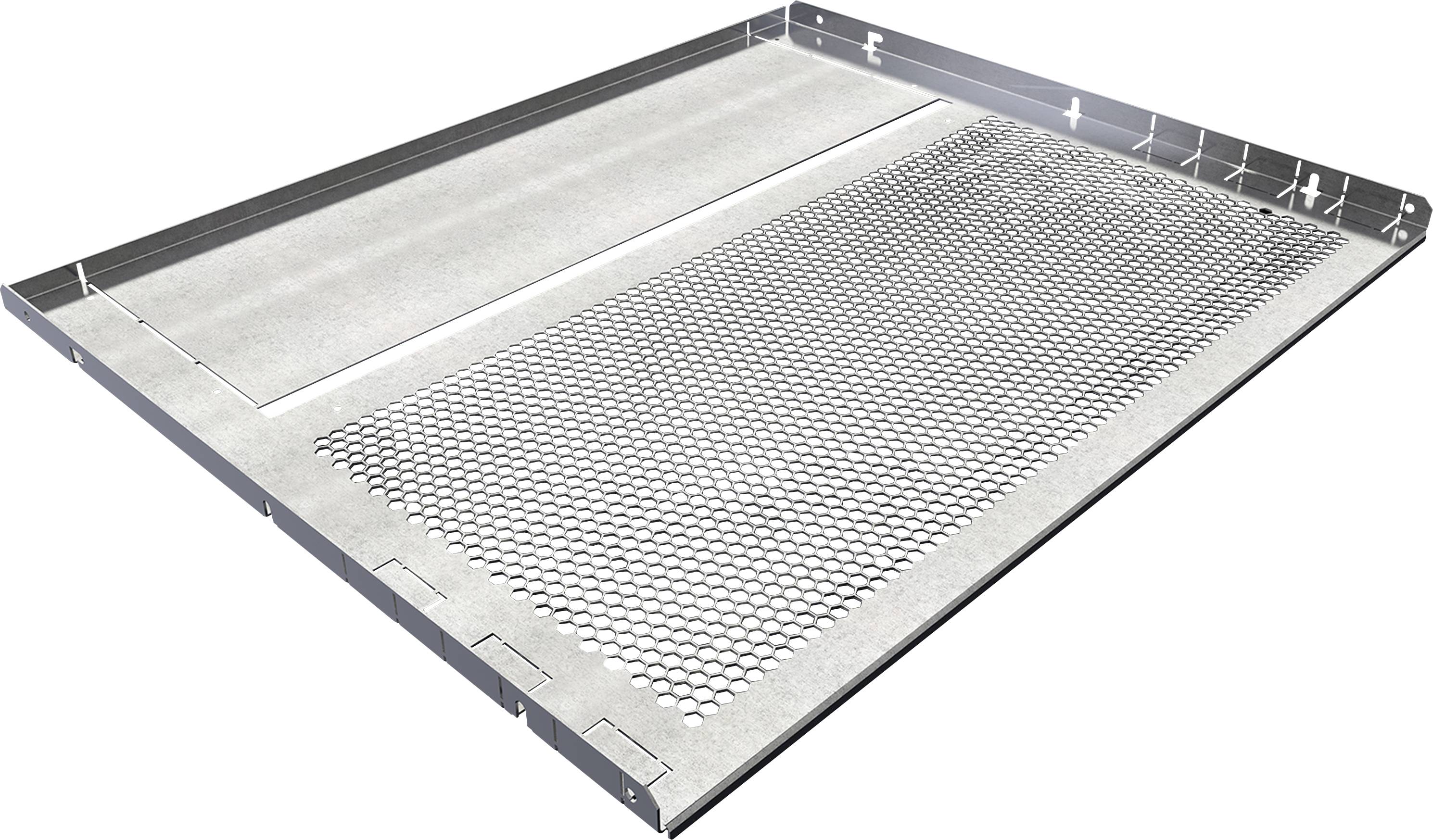 Grille de couverture métallique sur un système de ventilation, présentant un design rectangulaire à structure en nid d'abeille qui permet la circulation de l'air.