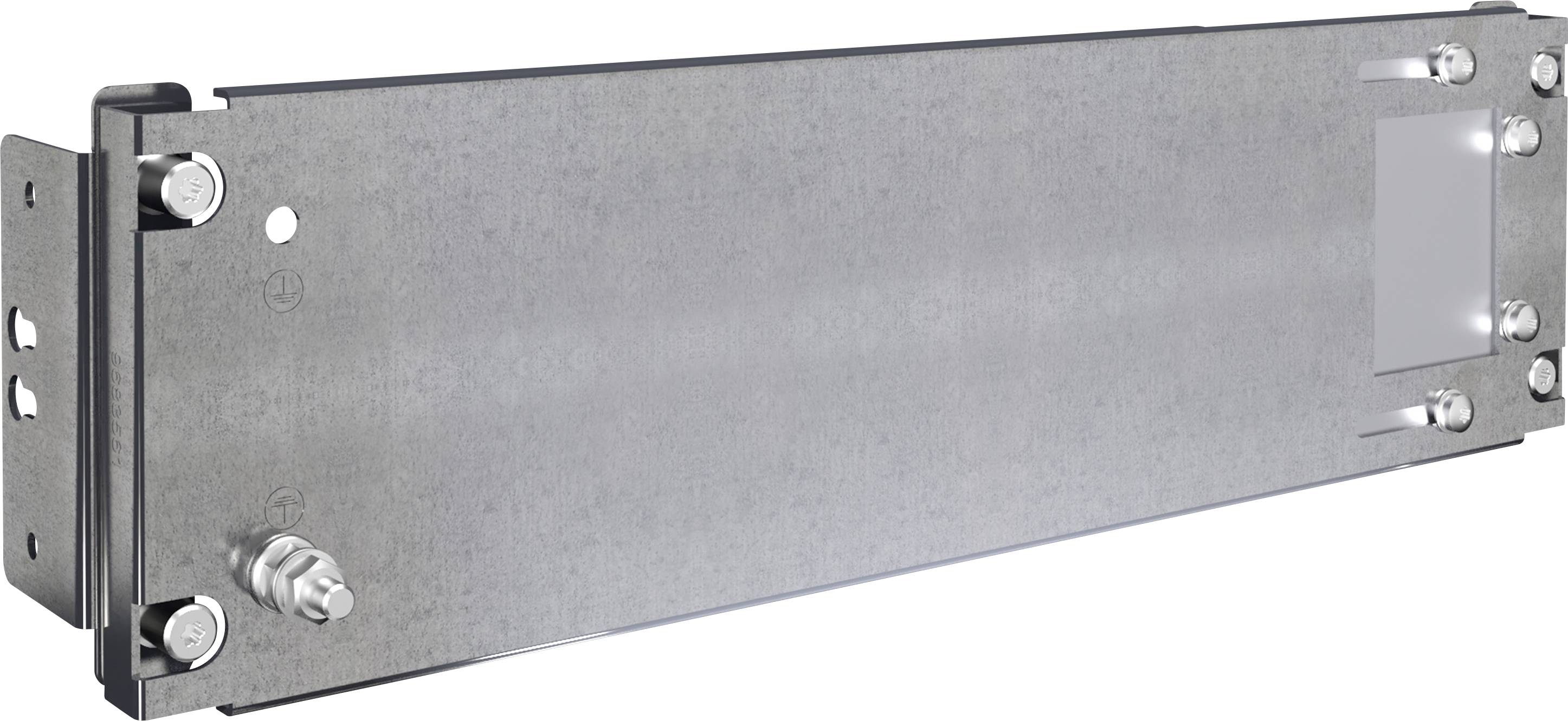 Un élément de construction métallique rectangulaire gris, doté d'éléments de fixation aux coins, probablement une pièce d'un dispositif technique.