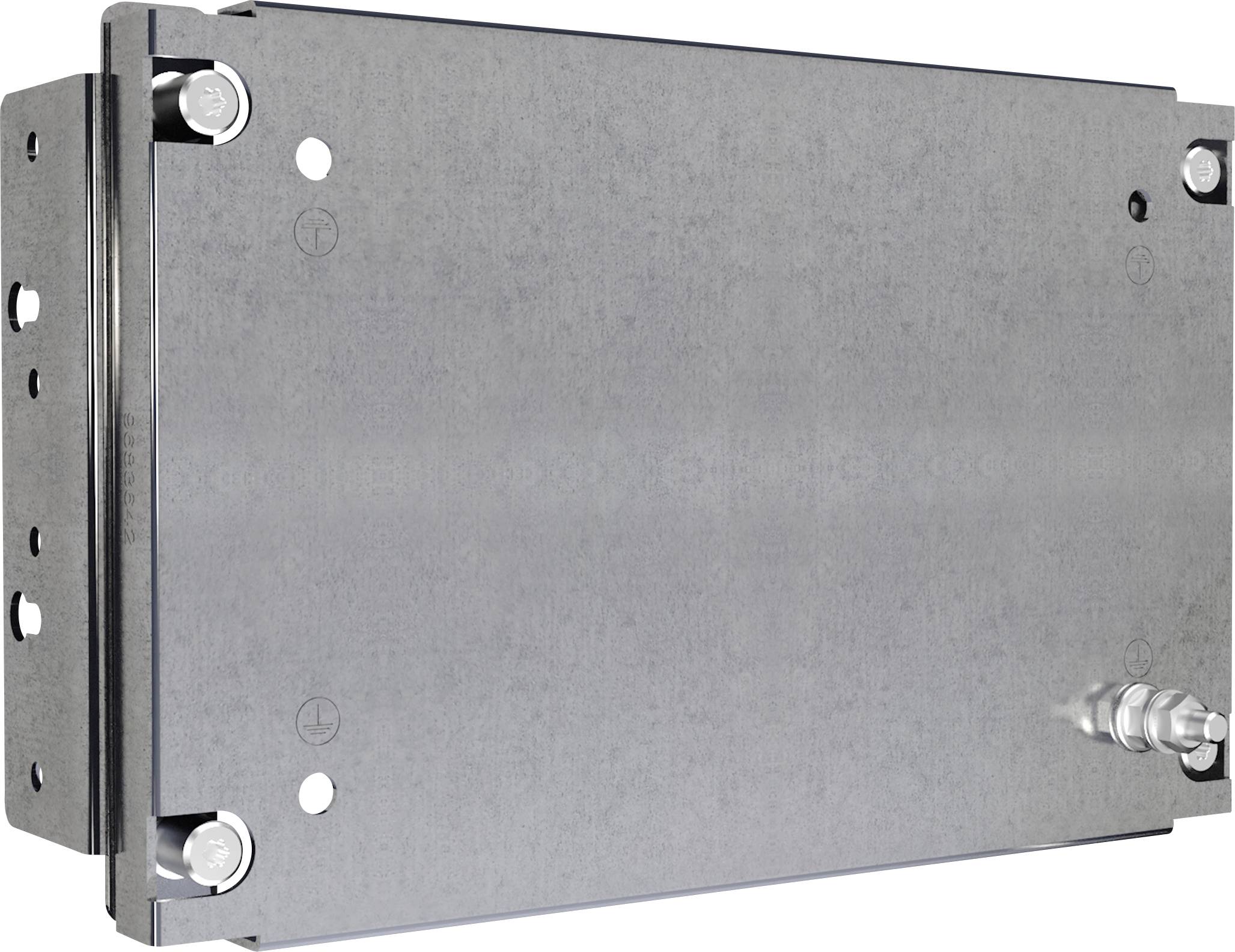 Boîtier rectangulaire en métal, avec des vis aux angles et deux connexions visibles sur le côté droit.