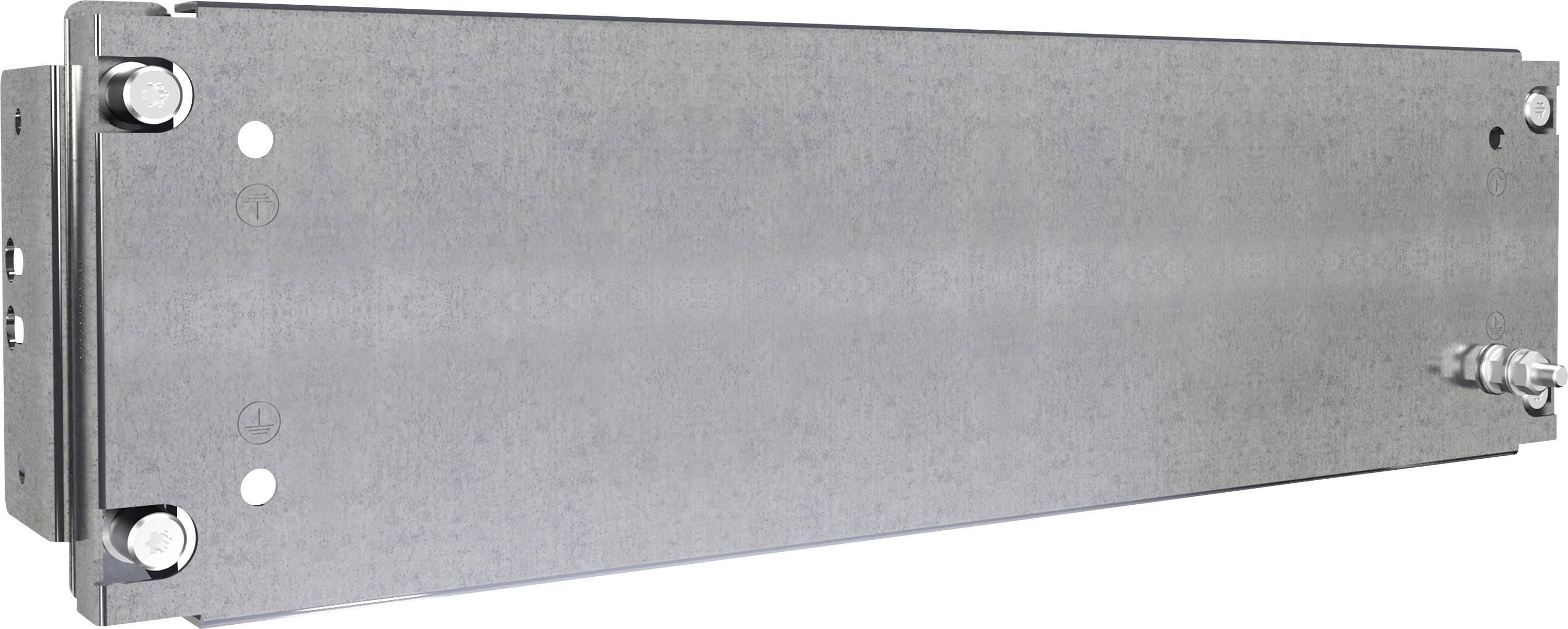 Plaque métallique avec quatre vis situées aux angles et une ouverture latérale, adaptée aux applications industrielles ou aux systèmes de montage.