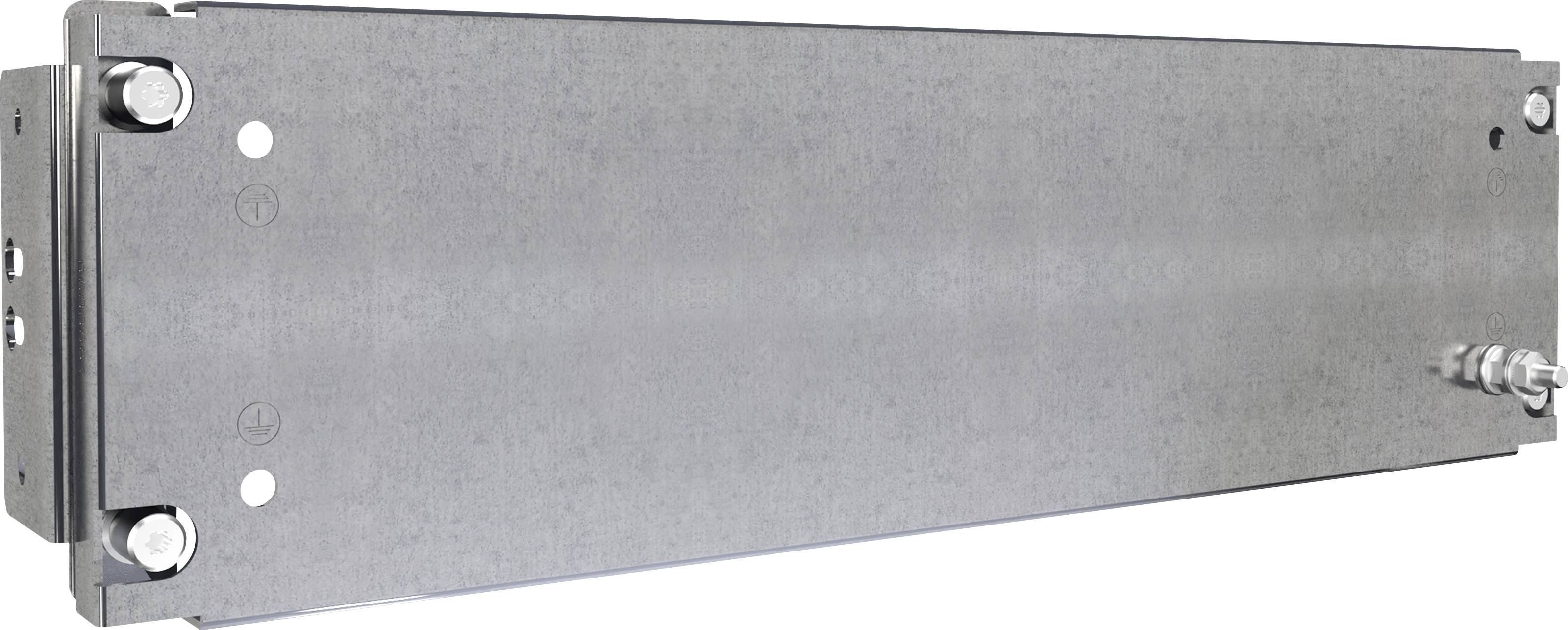 Plaque métallique rectangulaire, fixée par des vis aux angles, posée à plat.